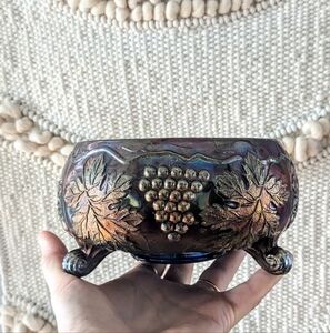 Vintage Northwood Carnival Glass Bowl - Iridescent Amethyst Blue - Grape & Cable